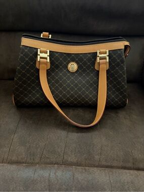 Rioni Brown Monogram Shoulder Bag with Tan Trim and Gold Hardware